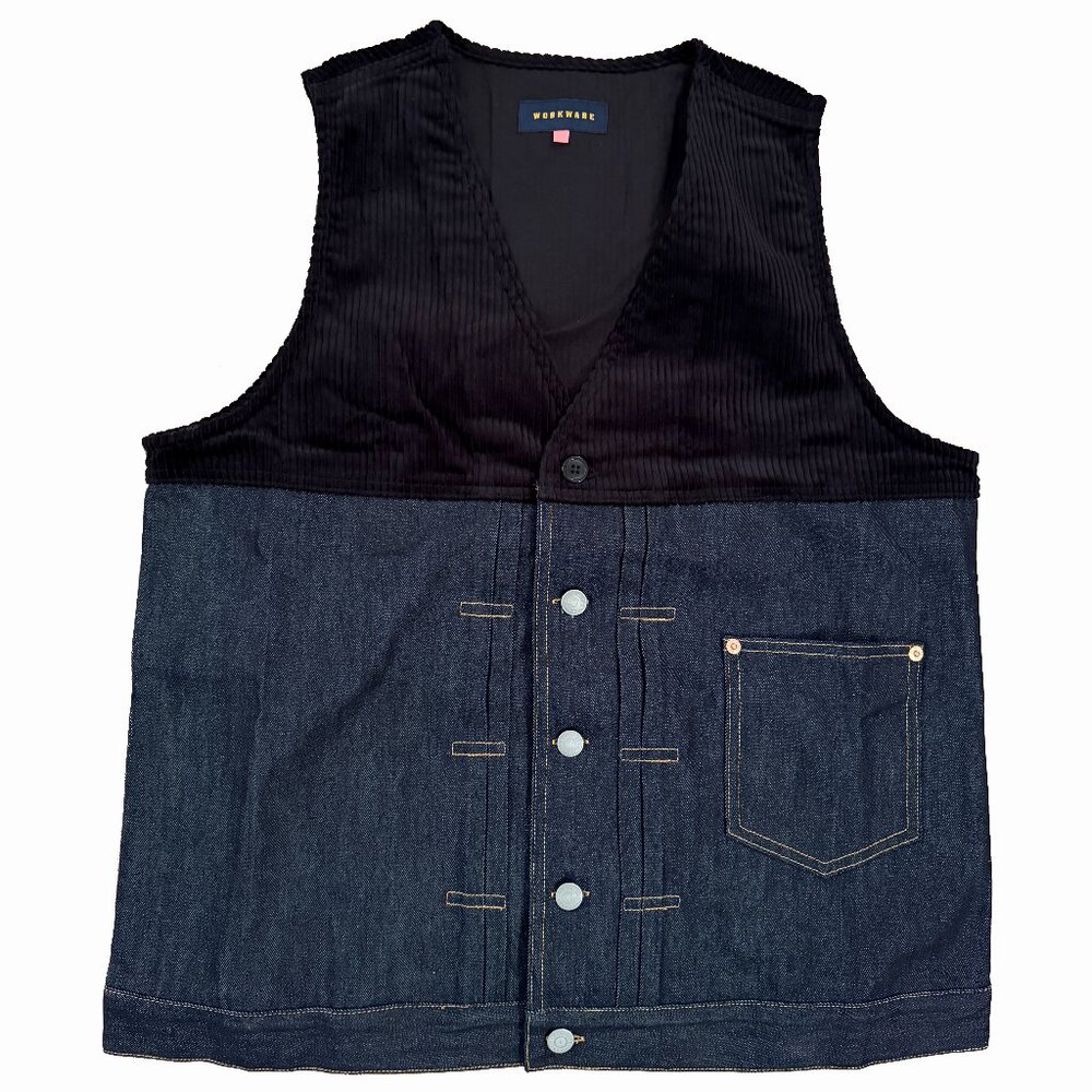WORKWARE denim and corduroy vest, dark blue, button front closure